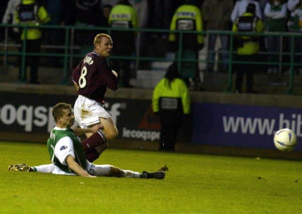 Phil Stamp scores his dramatic late winner at Easter Road in November 2002