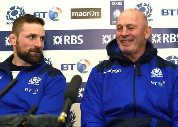 John Barclay and Vern Cotter enjoy a joke at yesterday's press conference