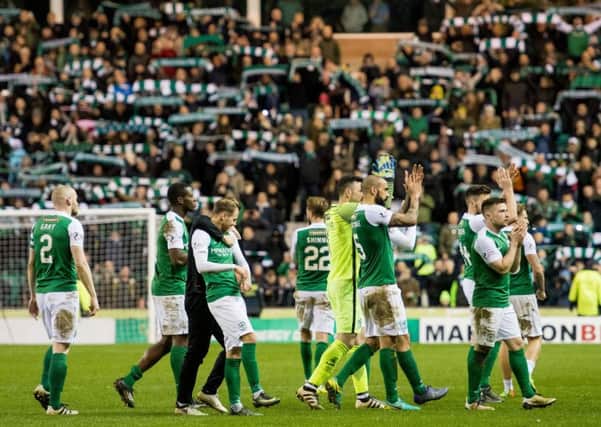 Hibs players celebrate Wednesdays Scottish Cup replay victory against their faint-Hearted city rivals. Picture: Ian Georgeson