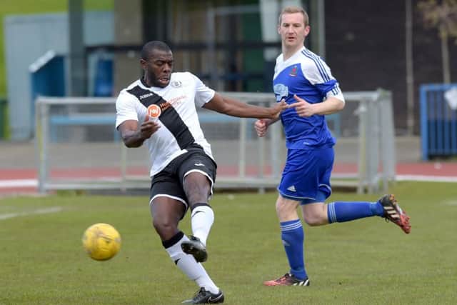 ***JP 60-day licence***

Edinburgh City versus Cove Rangers, in the Pyramid play-off semi-final, second leg, at Meadowbank Stadium, Edinburgh. Pictured is City's Joseph Mbu and Cove Rangers' Eric Watson.

30 April 2016. Picture by JANE BARLOW
Â© Jane Barlow 2016 {all rights reserved}
janebarlowphotography@gmail.com
m: 07870 152324