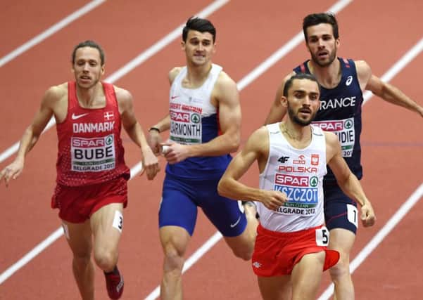 Denmark's Andreas Bube, Great Britain's Guy Learmonth, Poland's Adam Kszczot and France's Paul Renaudie finish the men's 800m (Getty Images)