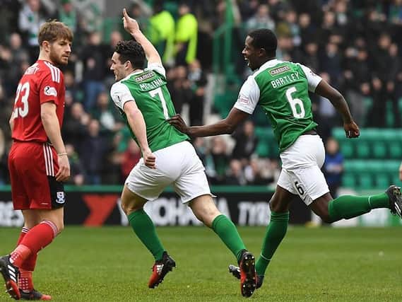 jJohn McGinn turns away to celebrate after putting Scottish Cup holders Hibs ahead against Ayr United in today's quarter-final at Easter Road