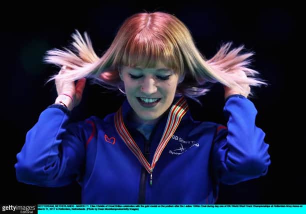 Elise Christie was all smiles in Rotterdam as she claimed three gold medals. Pic: Getty