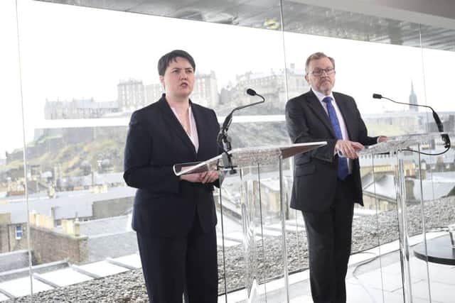 Scottish Conservative Leader Ruth Davidson and Secretary of State for Scotland David Mundell hold a press conference at The Point Hotel in response to the SNP plan to request another referendum. Picture; Greg Macvean