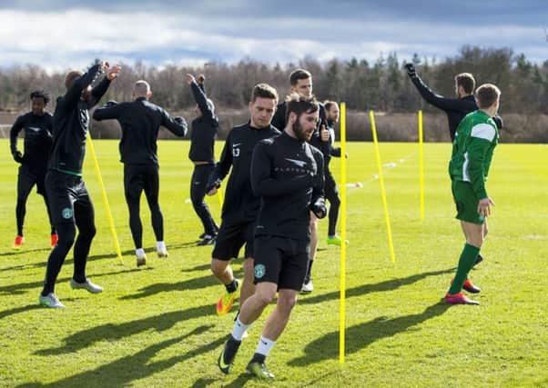 James Keatings in training at East Mains eagerly awaiting a chance to extend Hibs' lead