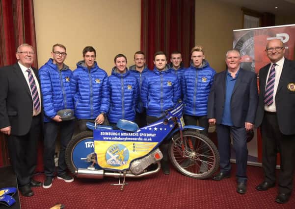 Len Jones of Parson Peebles, second right, with Monarchs chairman Alex Harkess, far left, and promoter John Campbell, far right, are joined by riders, from left, Mitchell Davey, Sam Masters, Josh Pickering, Erik Riss and Mark Riss. Pic: Ron MacNeill