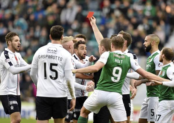 Tom Taiwo saw red the last time Falkirk visited Easter Road