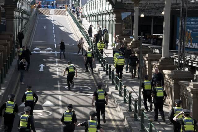 Police made a total of ten arrests during today's demonstrations in Edinburgh. Picture: Andrew O'Brien