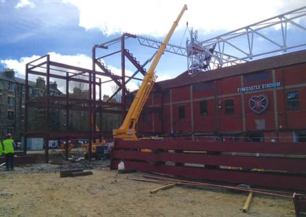 Construction of the new main stand behind the existing structure. Picture: Hearts FC