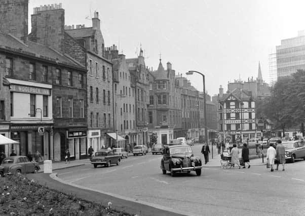 Bristo Street in 1965 - Woolpack Inn pub to left and Parker's store to right.  The construction of the Appleton Tower is visible in the background.