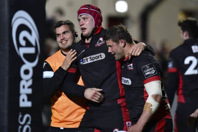Grant Gilchrist emerges after scoring the winning try. Picture: Rob Casey/SNS