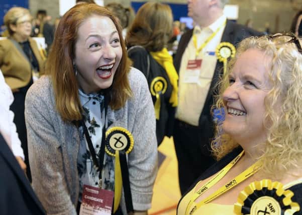 Ellie Bird, SNP councillor for Forth ward, celebrates her election at the count at Meadowbank on Friday. Picture: Neil Hanna