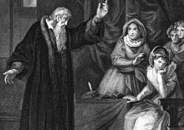 Circa 1562, Scottish Protestant reformer John Knox (c. 1513 - 1572) during one of his interviews with Mary Queen of Scots (1542 - 1587). His attitude towards her was one of unremitting hostility. Knox was attracted to Protestant ministry by George Wishart's p (Photo by Hulton Archive/Getty Images)