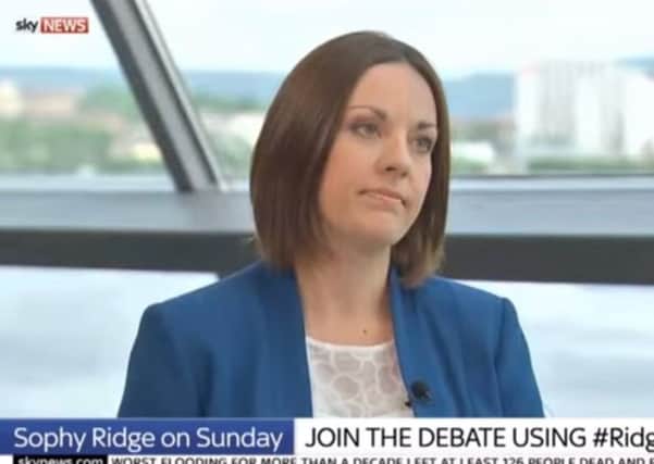 Kezia Dugdale was the subject of a rather embarrassing gaffe by Sky News presenter Sophy Ridge on Sunday. Picture: Sky News