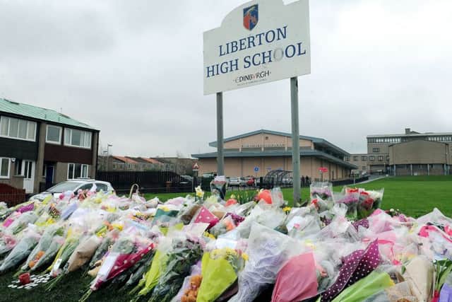 Tributes are left at Liberton High School, Edinburgh after the tragic accident that killed pupil Keane Grace Wallis-Bennett. Picture; Lisa Ferguson