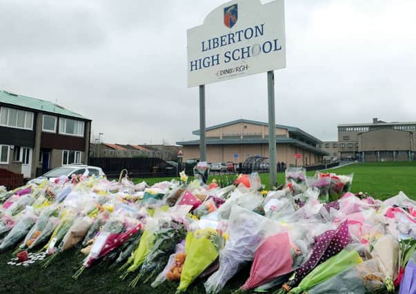 Tributes are left at Liberton High School, Edinburgh after the tragic accident that killed pupil Keane Grace Wallis-Bennett. Picture; Lisa Ferguson