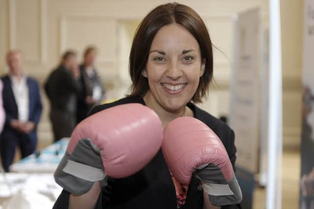 Scottish Labour leader Kezia Dugdale put on pink boxing gloves Picture; Neil Hanna