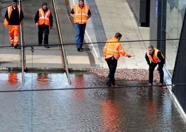 Edinburghs new Tram Gateway station was closed today due to flooding caused by the heavy rain. Picture; Lisa Ferguson