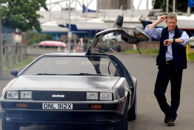 Scottish Liberal Dems Leader Willie Rennie in the "Back To The Future" car. Picture; Lisa Ferguson
