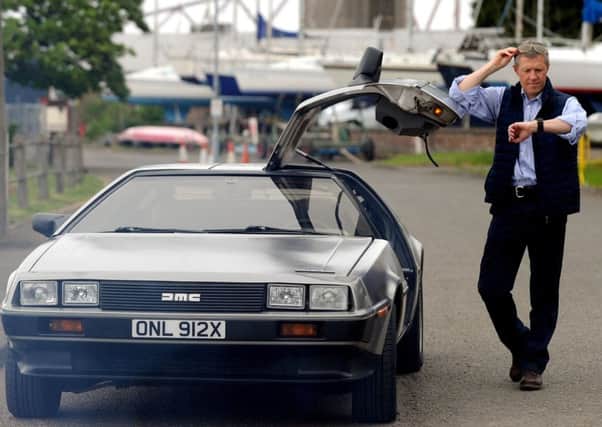 Scottish Liberal Dems Leader Willie Rennie in the "Back To The Future" car. Picture; Lisa Ferguson