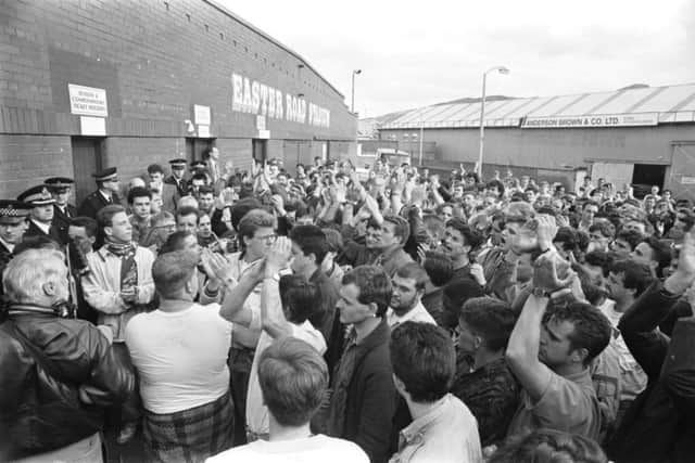 Police attended when hundreds of angry Hibs fans turned up at Easter Road football stadium after hearing Hearts chairman Wallace Mercer planned a takeover of their club in June 1990.