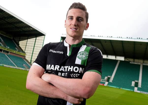 Paul Hanlon in the new Hibs away kit which goes on sale at the end of the month