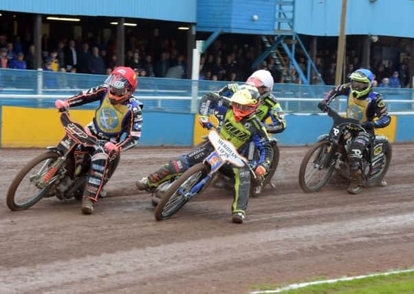 Sam Masters, left, leads Kyle Newman, Danny King and Mark Riss before Riss came to grief in heat six. Picture: Ron MacNeill