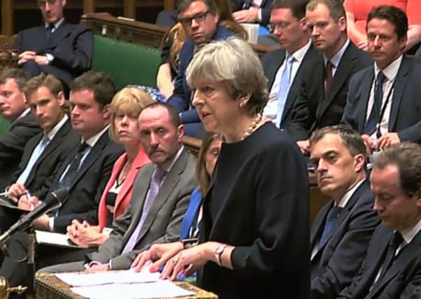 Theresa May making a statement on the Grenfell fire. Picture; Getty