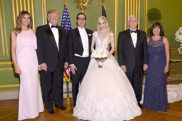 First Lady Melania Trump, President Donald Trump, Secretary of the Treasury Steven Mnuchin, Louise Linton, Vice President Mike Pence, and Second Lady Karen Pence. (Photo by Kevin Mazur/Getty Images for LS)