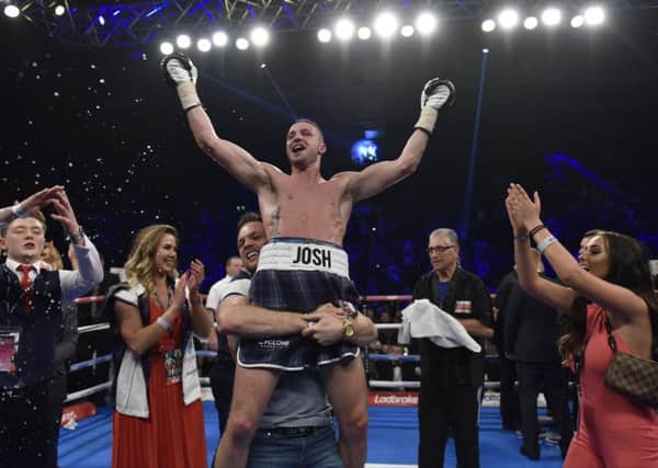 Joy for Josh Taylor after his victory over Ohara Davies at Braehead. Picture: Andy O'Brien
