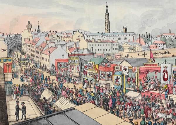 A  coloured cartoon from the Glasgow Looking Glass, dated July 1825, of the  large crowds visiting the colourful stalls  on the edge of Glasgow Green during the Glasgow Fair. PIC: Glasgow University Library Special Collections.