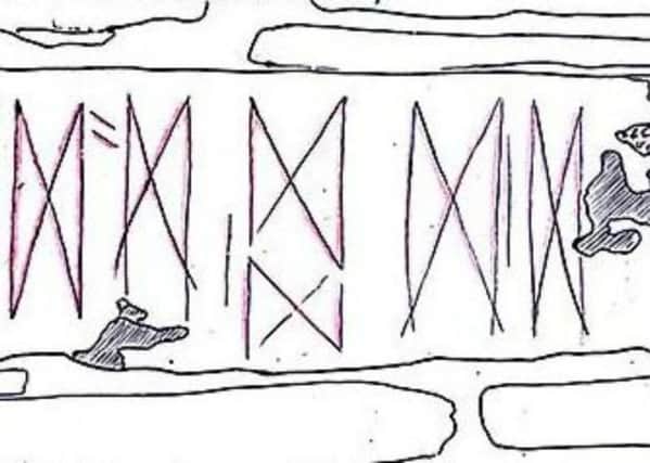 Sketch of the butterfly-like markings discovered by chance at the 5,000-year-old Ness of Brodgar site. PIC:UHI.