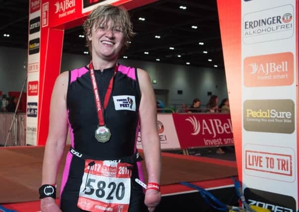 Quadruple amputee Corinne Hutton, 47, from Lochwinnoch in Renfrewshire, has achieved a momentous feat by completing a super-sprint distance challenge at this year's London Triathlon.