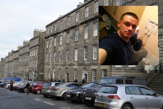 Ashley Hawkins, inset, died in the Scotland Street flat.