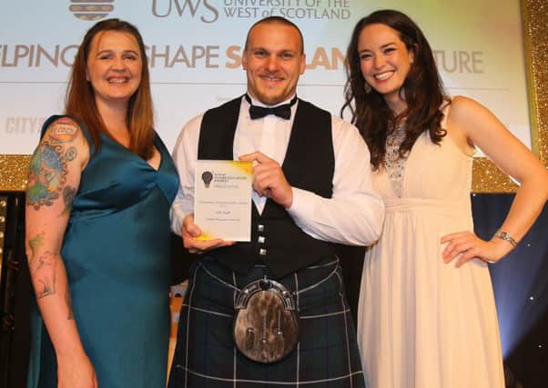 Iain Scott with NUS Scotland president Vonnie Sandlan, left, and event host Jennifer Reoch. Picture: Colin Mearns