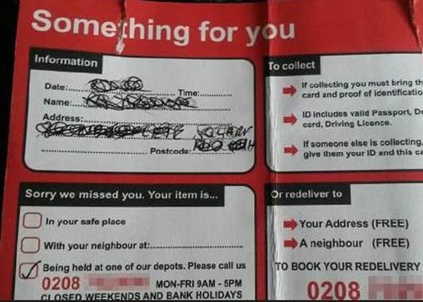 A warning has been issued over fake 'missed delivery' cards.