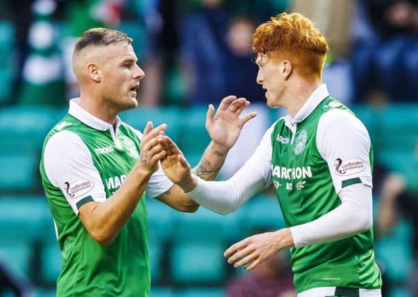 Anthony Stokes, left, celebrates with Simon Murray after setting up his fellow strikers goal against Ayr United