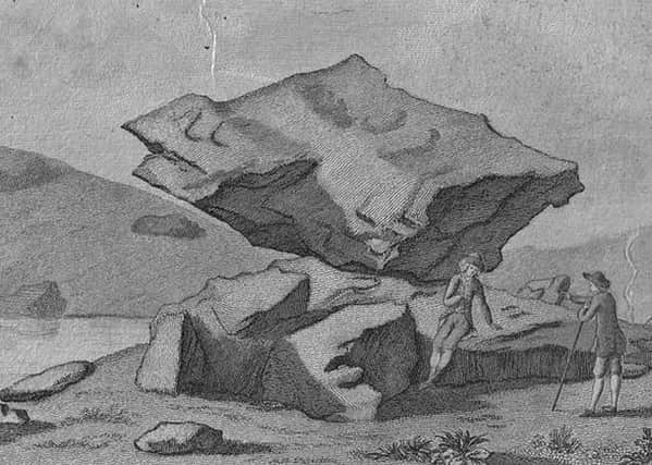 Late 18th Century sketch of Logan Stone at Rhinns of Kells in Galloway. PIC: Creative Commons.