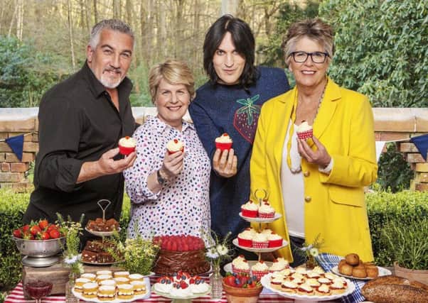 Paul Hollywood with new Bake Off presenters Sandi Toksvig, Noel Fielding and Prue Leith. Picture: Channel 4