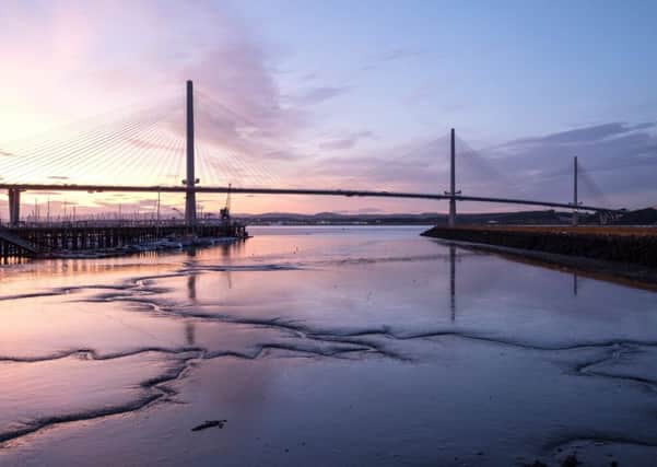 View at dusk of the Queensferry Crossing bridge from Port Edgar, South Queensferry. Picture: Ian Rutherford