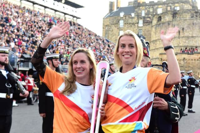 Hannah Miley and Lynsey Sharp brought the baton to the castle.
