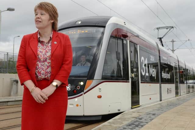 Lesley Hinds at the Gyle Centre tram stop.
