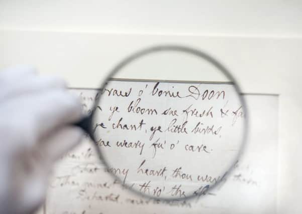 A rare  Robert Burns manuscript of 'Ye Banks and Braes o  Bonnie Doon' is among those to go show at the Mitchell Library, Glasgow, on Saturday. PIC: John Devlin/TSPL.