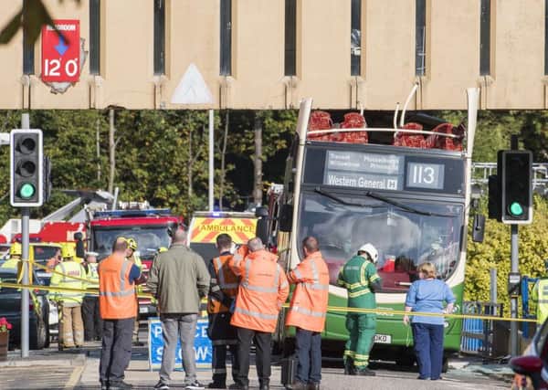 Lothian Bus hits bridge at the Western General Hospital Edinburgh. Picture: Ian Georgeson.