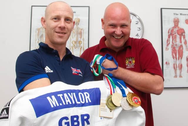 Stephen  pictured with British Masters Judo team member Mark Taylor who has won British Masters, Scottish Masters,  Silver in French masters, gold in German Saxony Masters and silver in the European Championships in the time that Stephen has been treating him.