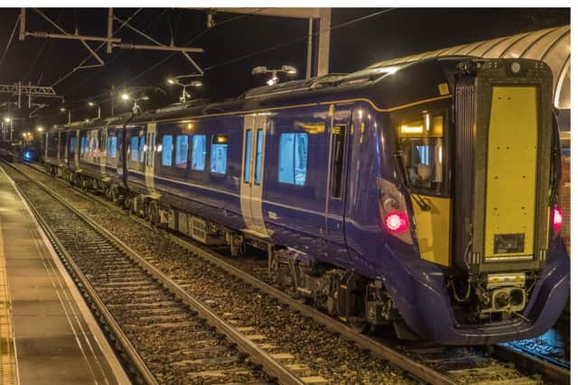 A Class 385 train at Linlithgow station during early testing of the electrified Glasgow-Edinburgh mainline. Picture: ScotRail