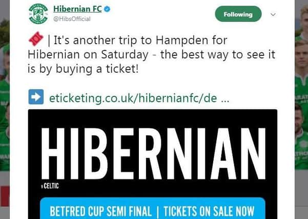 Hibs posted this tweet, taking a sly dig at BT Sport. Picture: Twitter/HibsOfficial