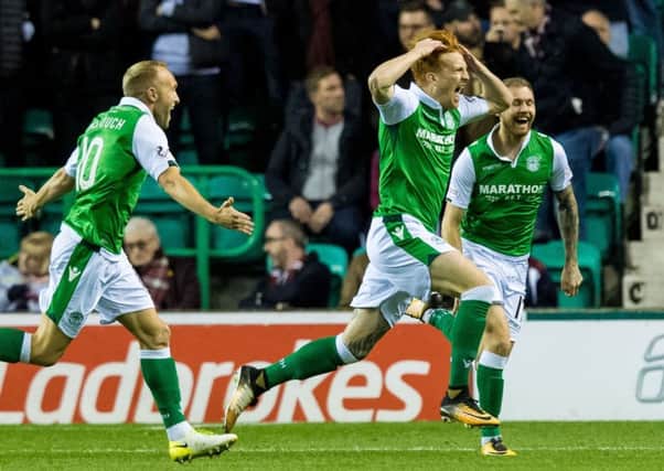 Simon Murray celebrates scoring for Hibs in the third minute at Easter Road