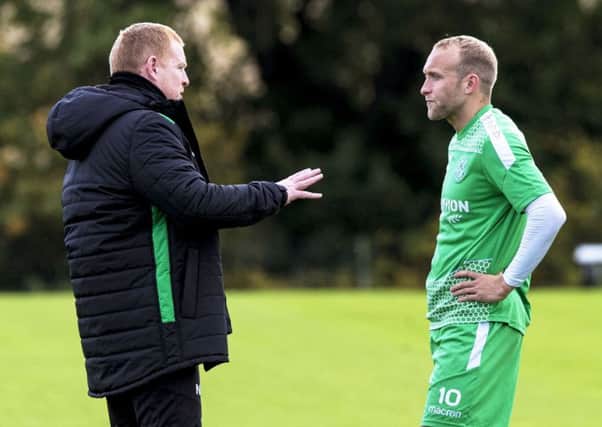 Hibs boss Neil Lennon, left, wants to keep in-form Dylan McGeouch, right, at the club. The midfielder is out of contract in the summer. Pic: SNS