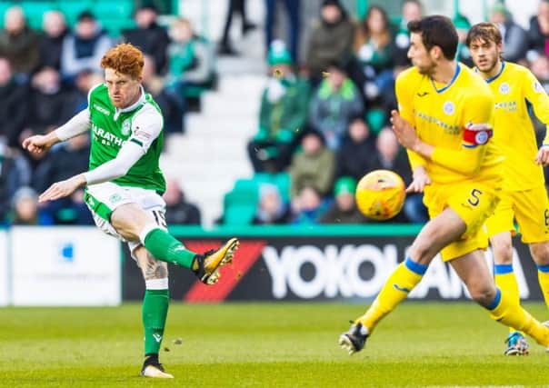 Hibs striker Simon Murray lets fly with an early effort against St Johnstone at Easter Road